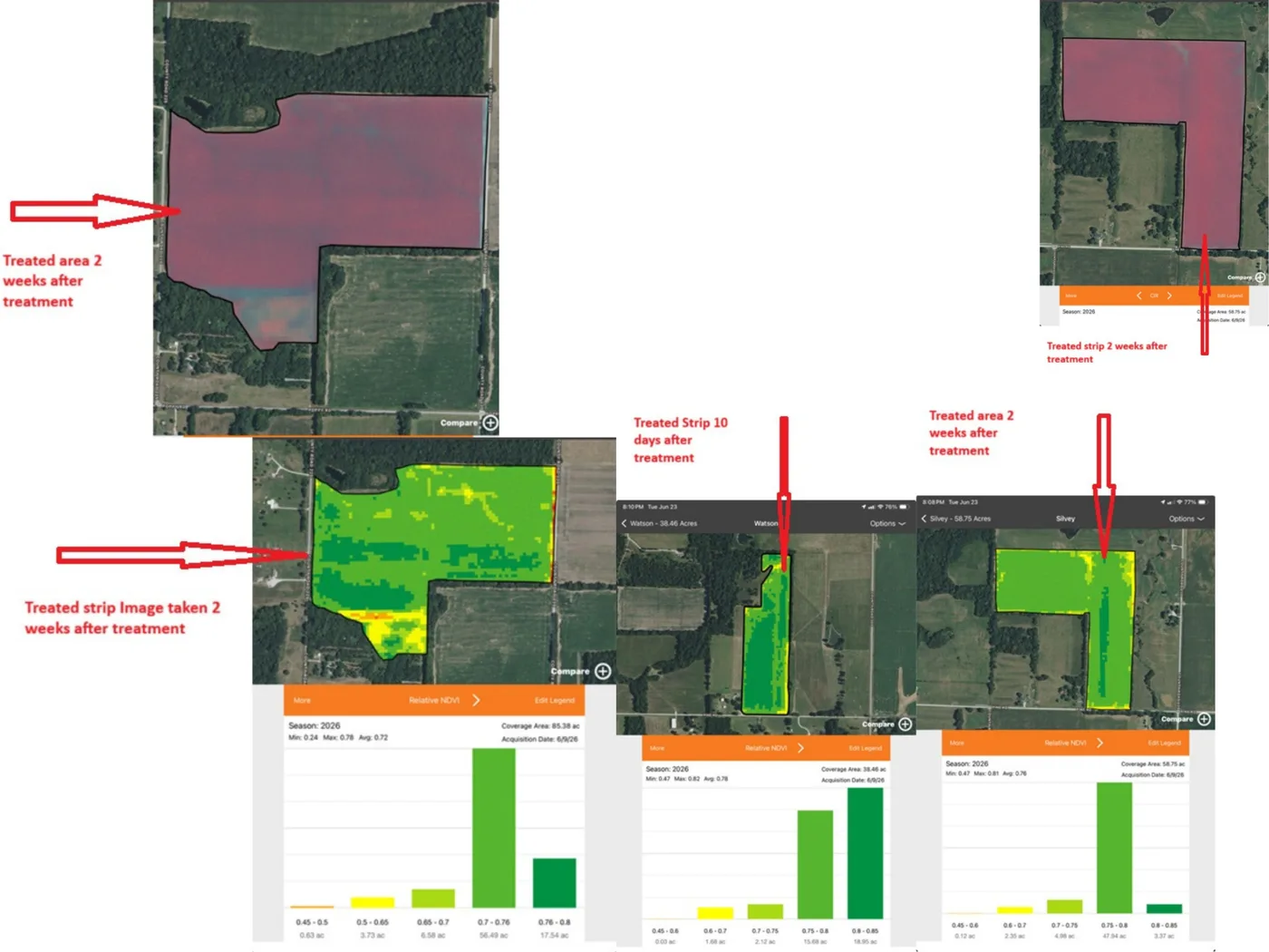 NDVI aerial imagery of the treated areas, taken 10 days to 2 weeks after treatment.