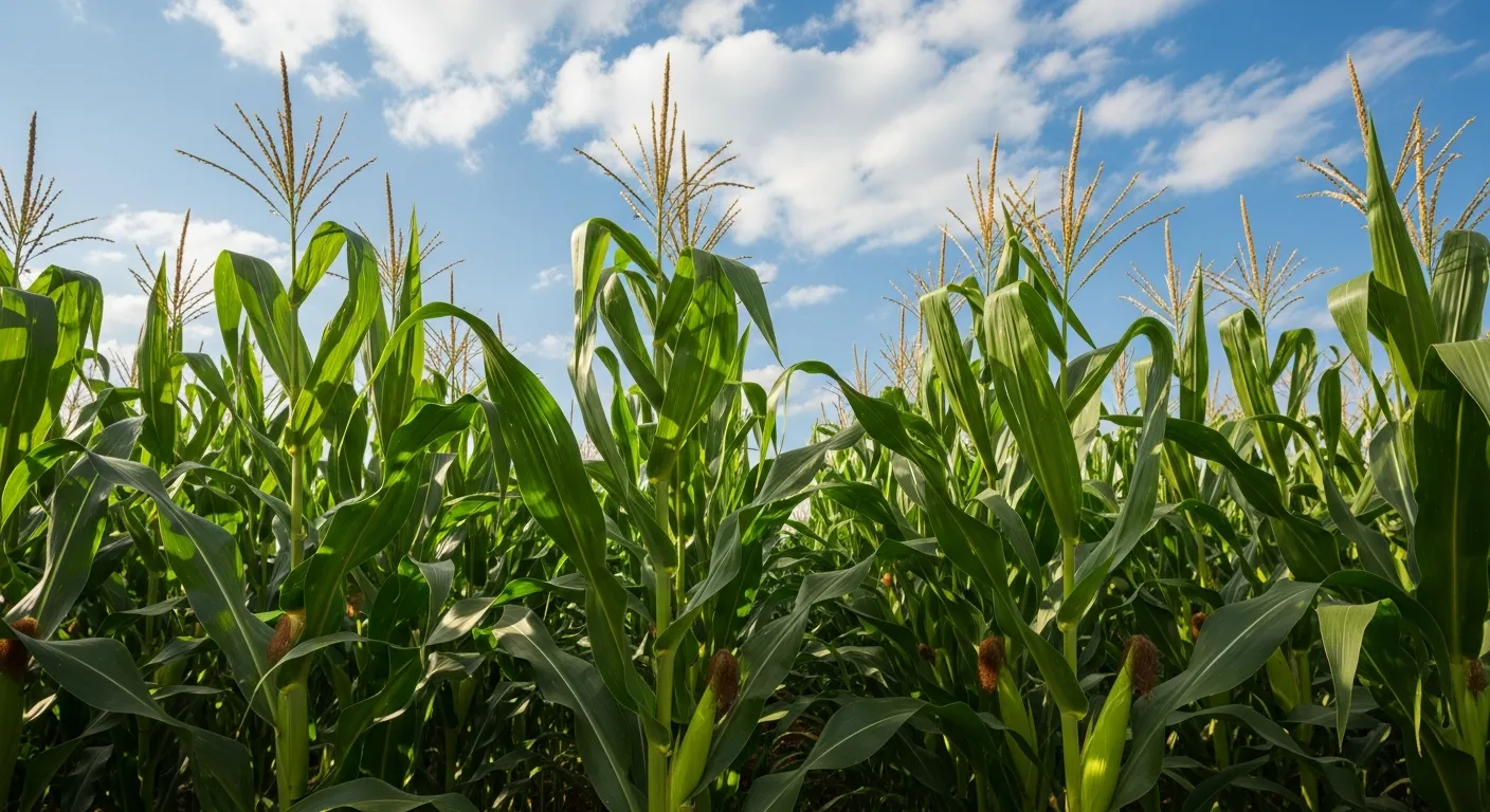 Tall green corn plants with blue sky