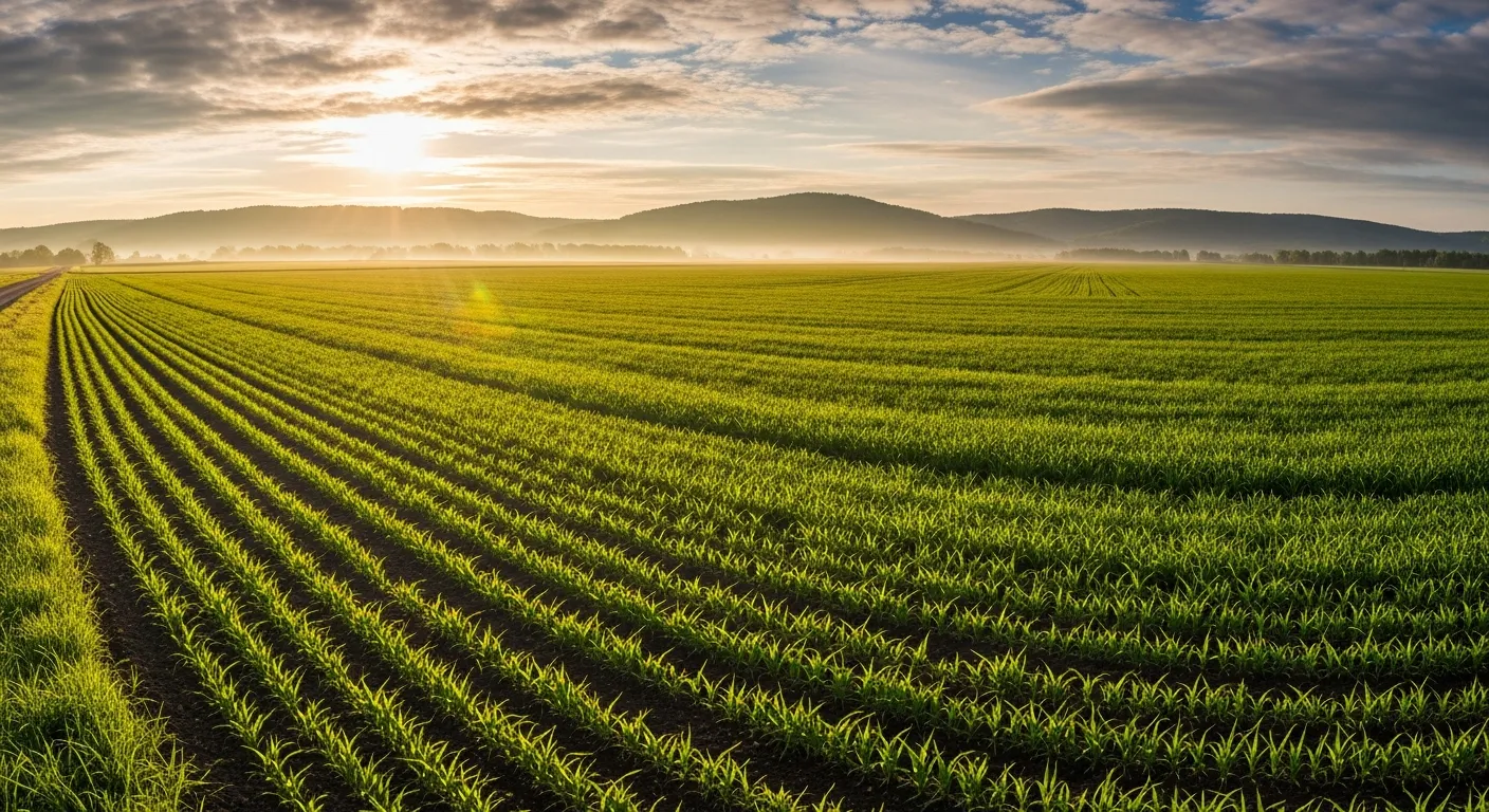 Rows of green crops stretching toward hills